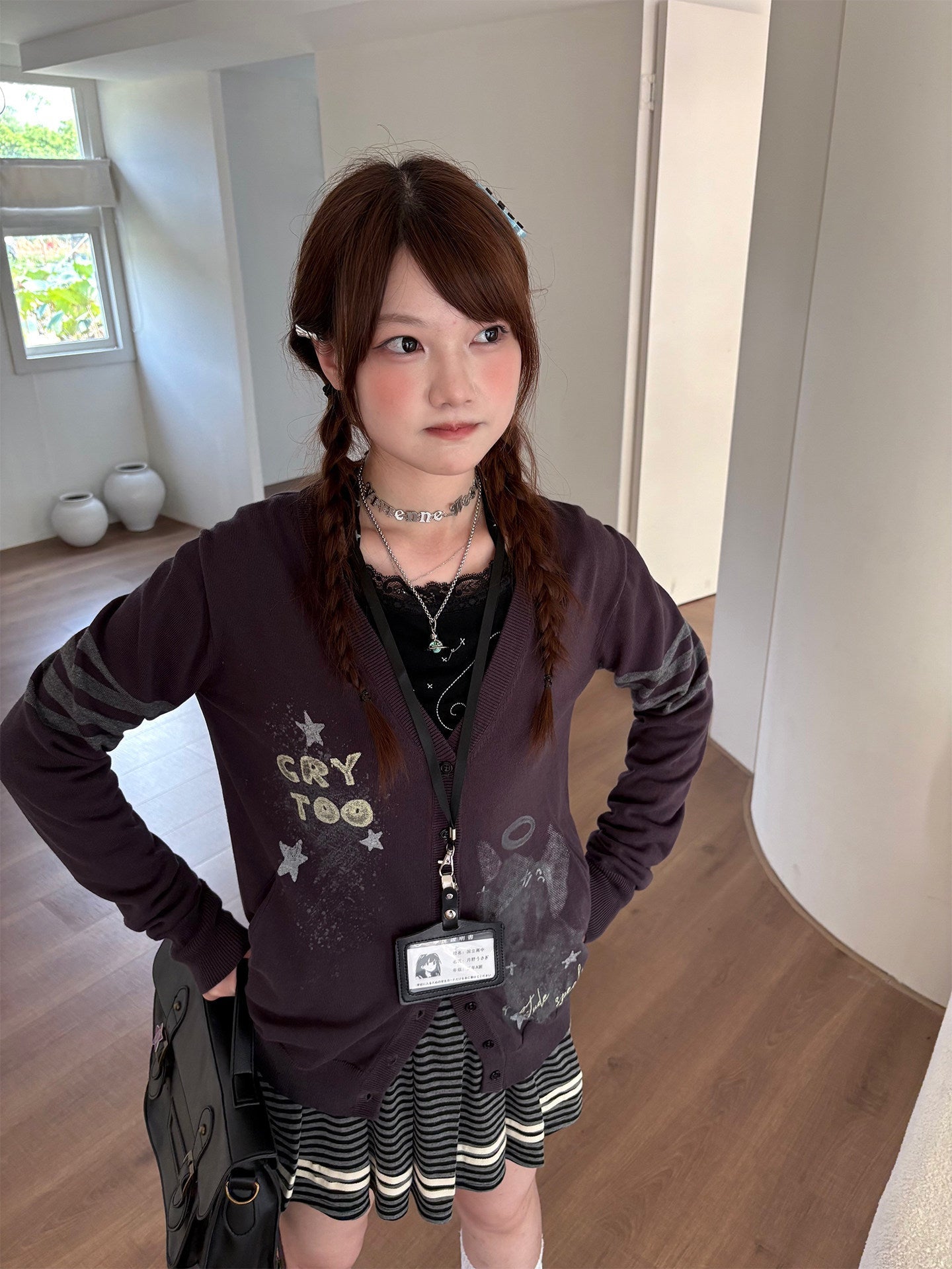 Three-Stripe Button Knit Cardigan