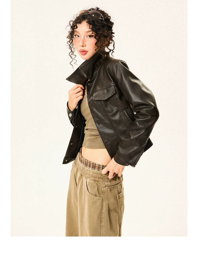 PU Leather Standing-Collar Short Jacket