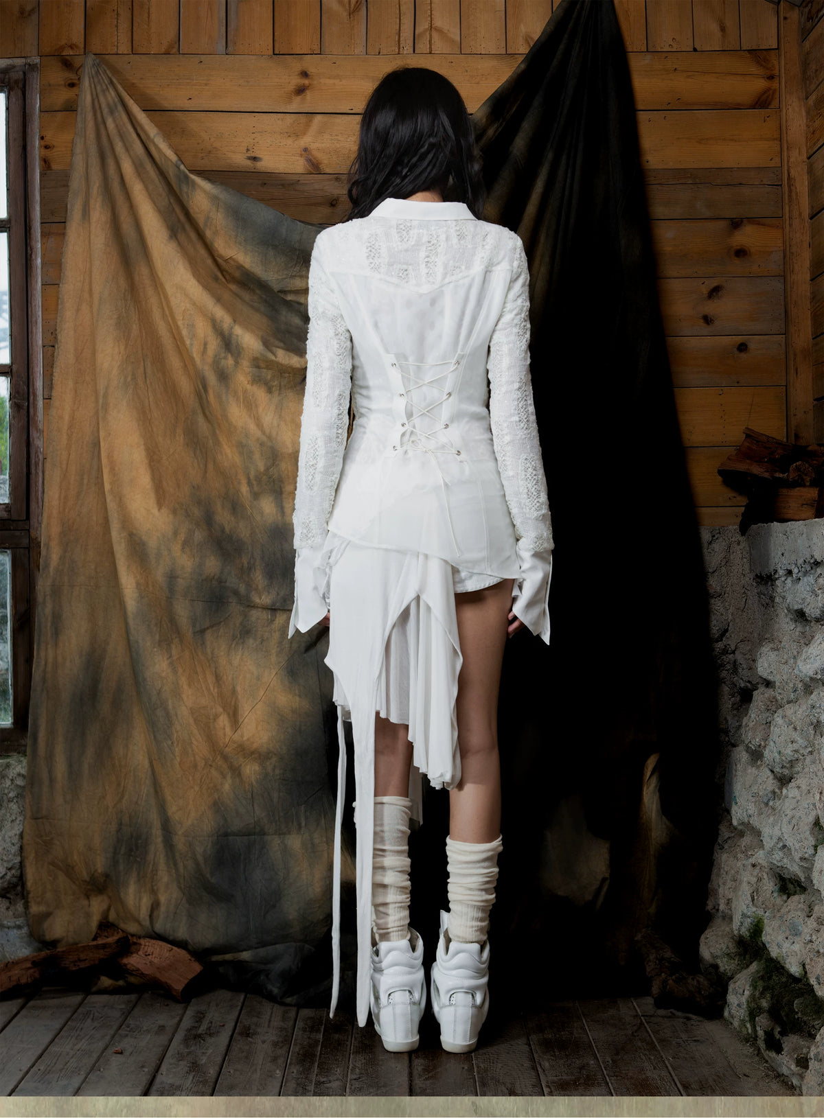 Original Punk Two-Tone Waist-Cinching Ruffle Asymmetric Shirt