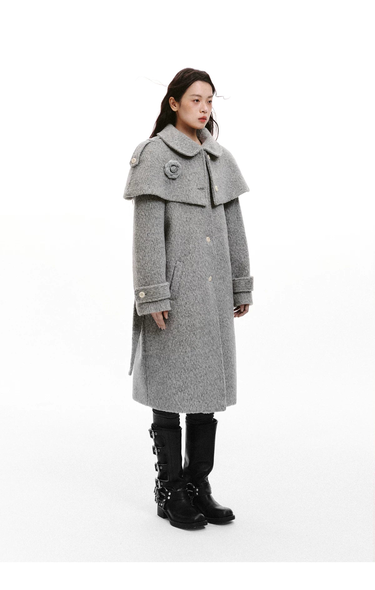 Cape Collar & Flower Detail Belted Coat