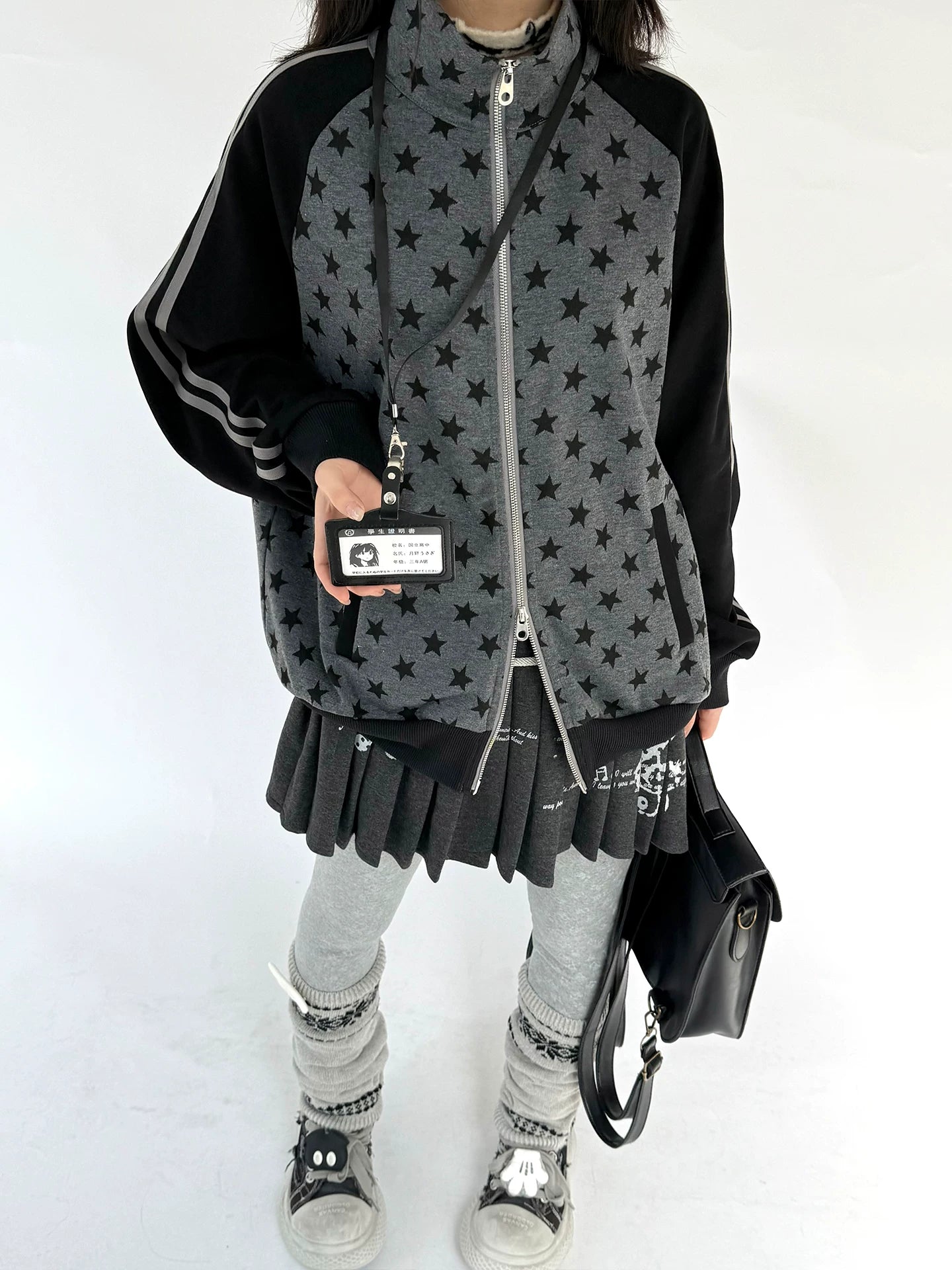 Star Print Double Zipper High-Neck Oversize Cardigan