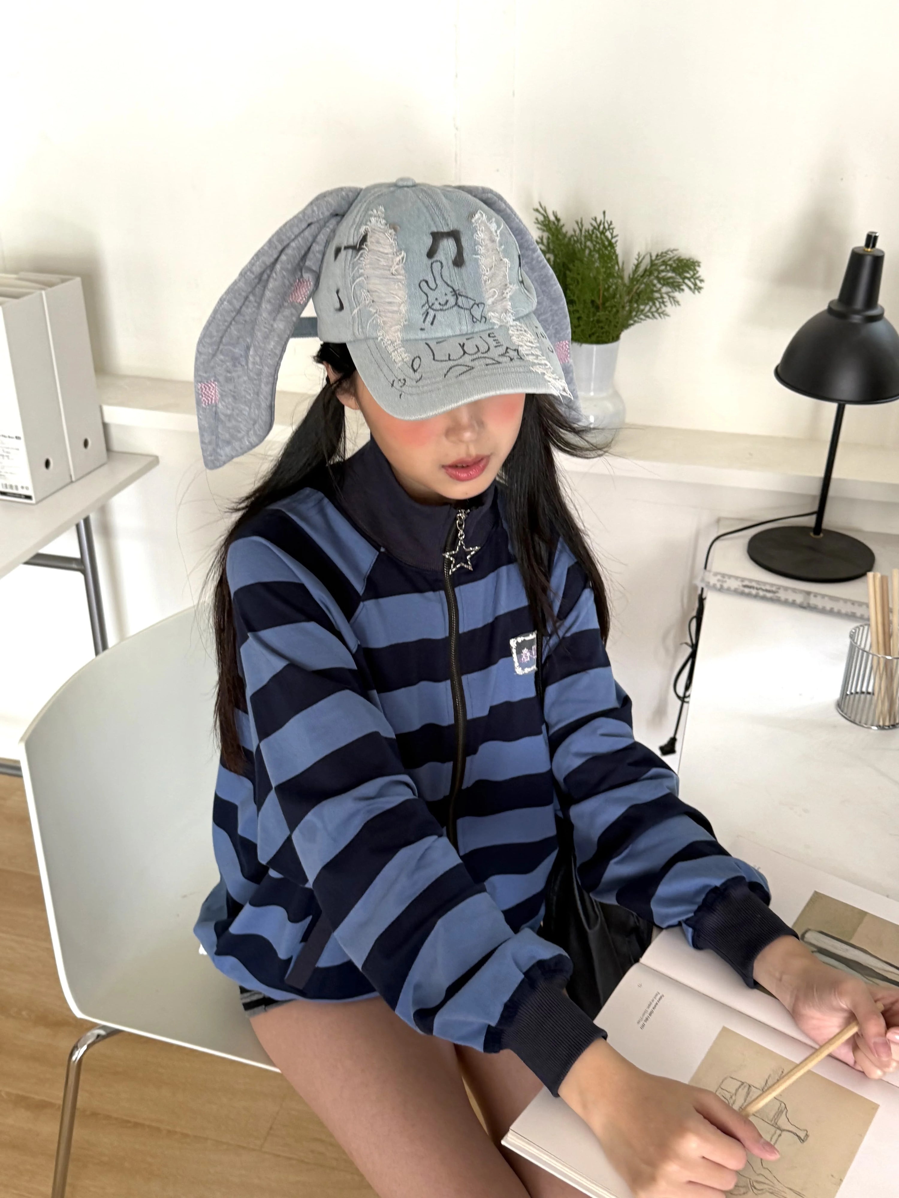 Striped Oversize Stand Collar Zipper Jacket