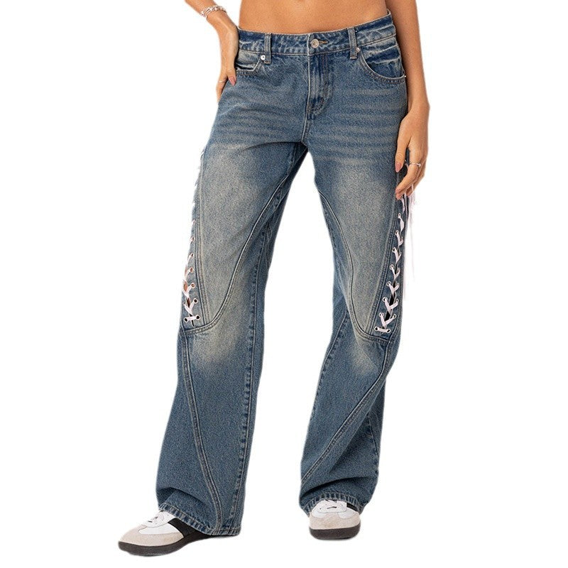Lace-up Low-rise Straight-Leg Jeans