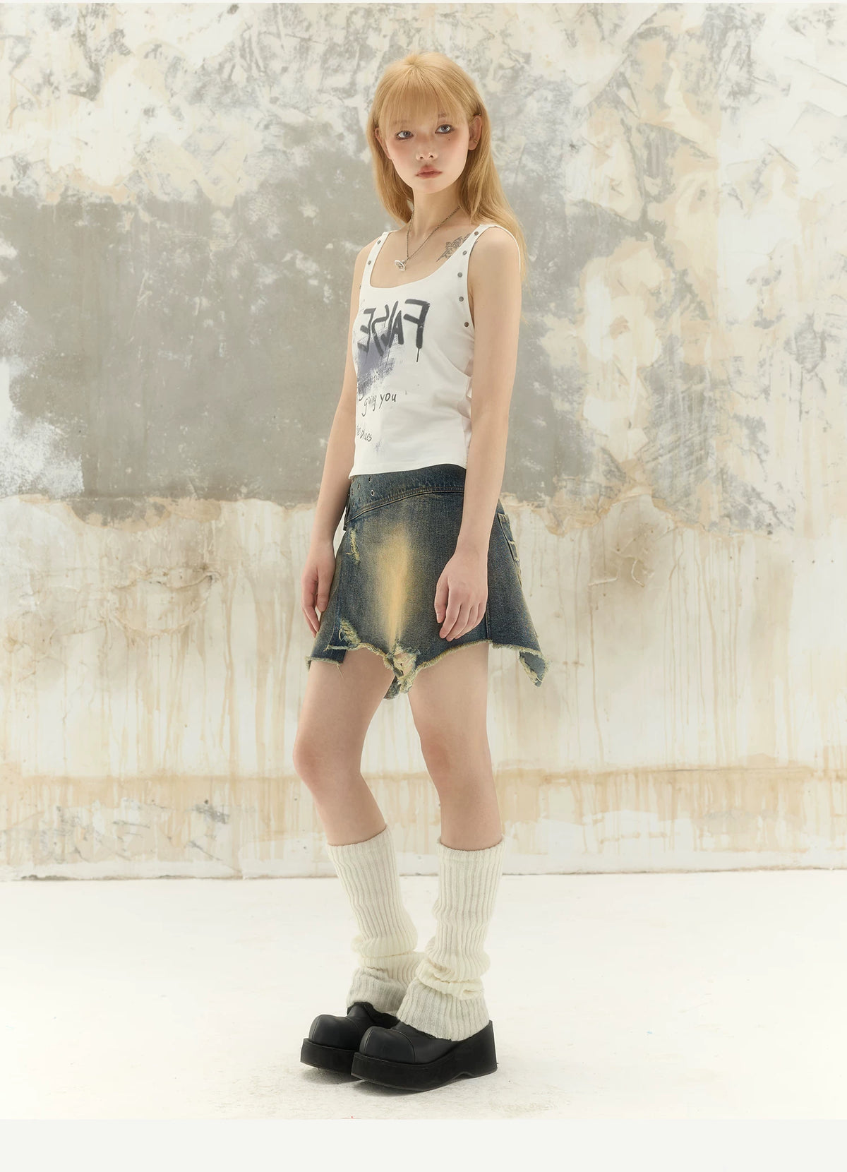 Washed Asymmetrical Adjustable Denim Short Skirt