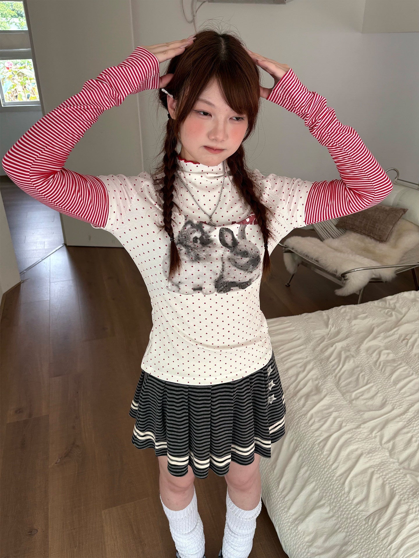 Rabbit Print Patchwork High-Neck Long Sleeve T-Shirt