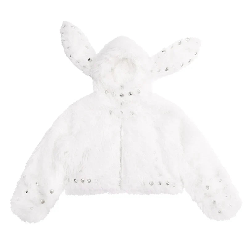 Chaqueta con cremallera y orejas de conejo con tachuelas