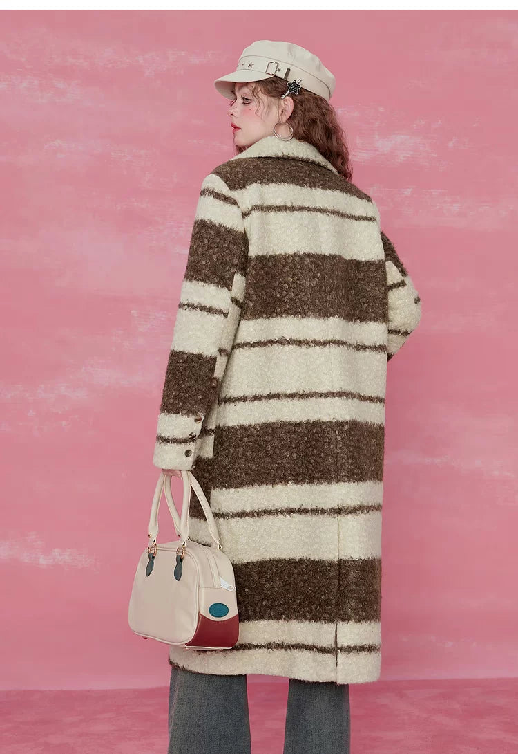 Contrast Stripe Fake Wool Mid-Length Coat