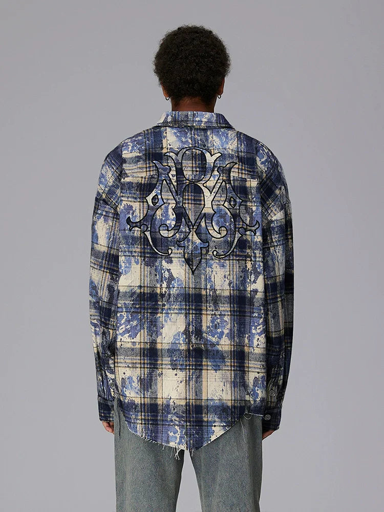 Graphic Embroidery Plaid Design Oversize Long Sleeve Shirt