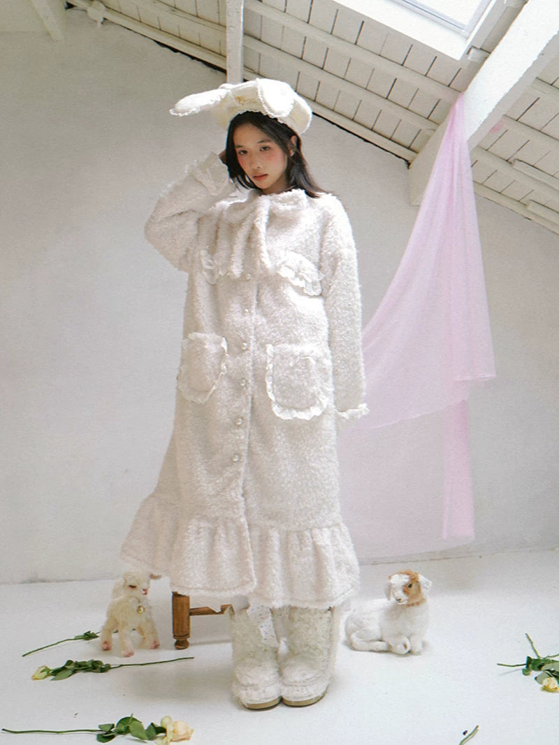 Plush Bow Ruffle Long Coat