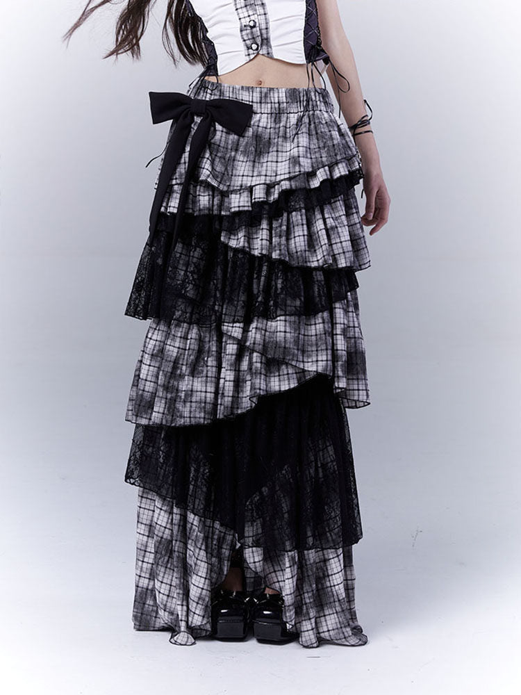 Lace Plaid Tiered Asymmetric Skirt