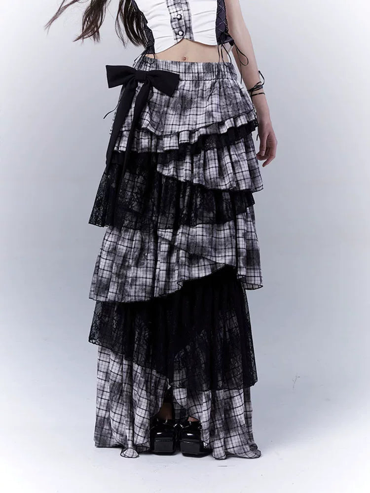 Lace Plaid Tiered Asymmetric Skirt