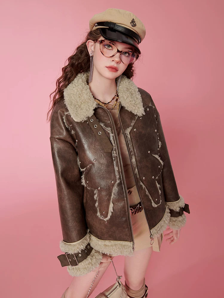 Fake Shearling Thick PU Leather Jacket