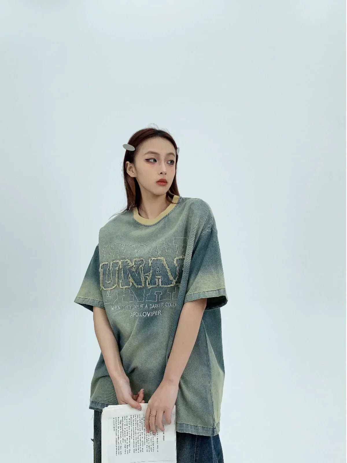 Patch Embroidery Oversized Denim Short Sleeve T-Shirt