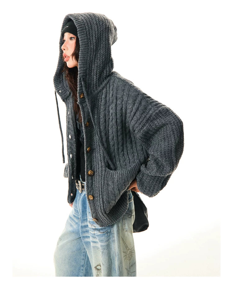 Hooded Button Oversize Cable Knit Cardigan