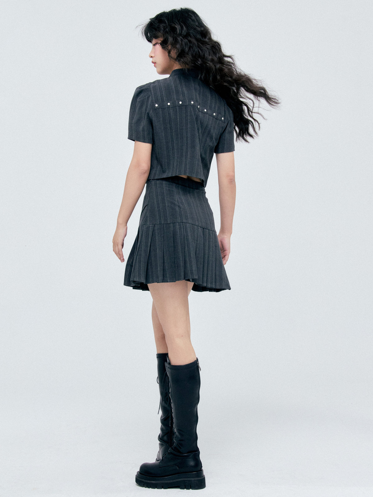 Bow Detail Pinstripe Cropped Shirt & Pleated Skirt Setup