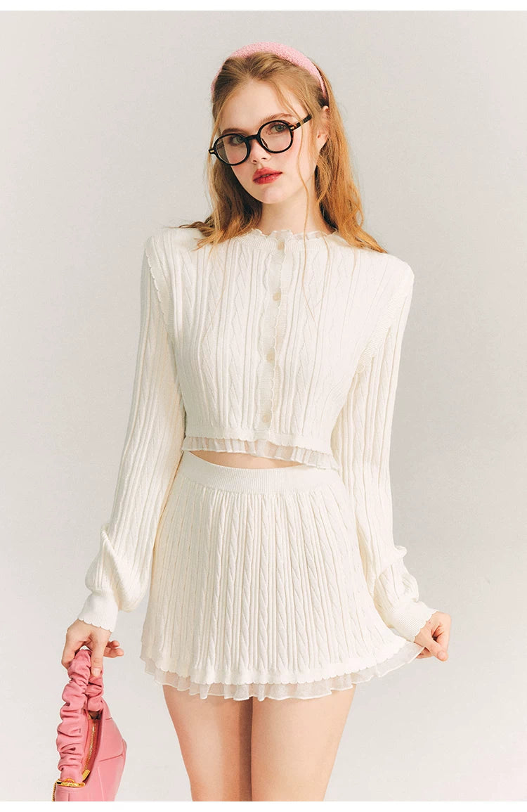 Tulip Button Knit Cardigan & Knit Short Skirt Setup