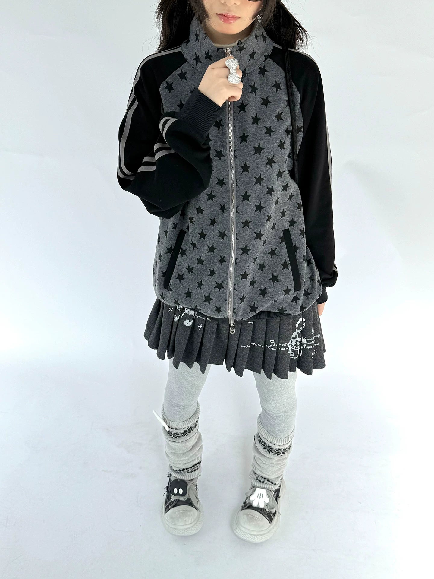Star Print Double Zipper High-Neck Oversize Cardigan