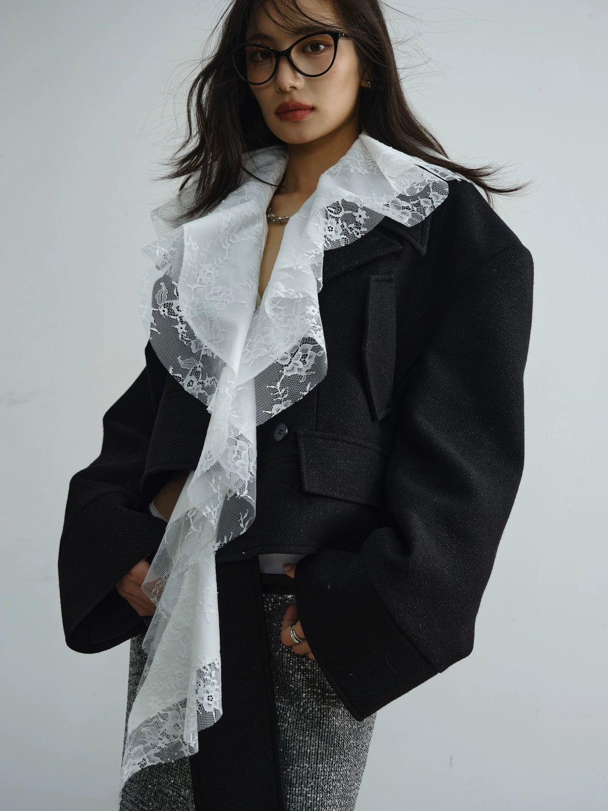 Detachable Lace Ruffle Edge Asymmetric Jacket