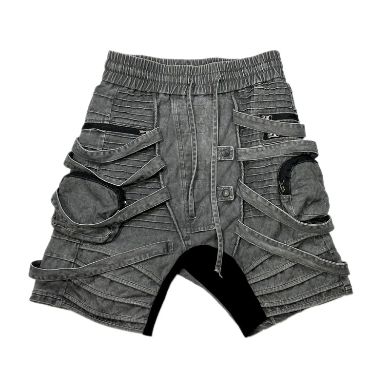 Asymmetrical Deconstructed Pleats Strap Washed Cargo Short