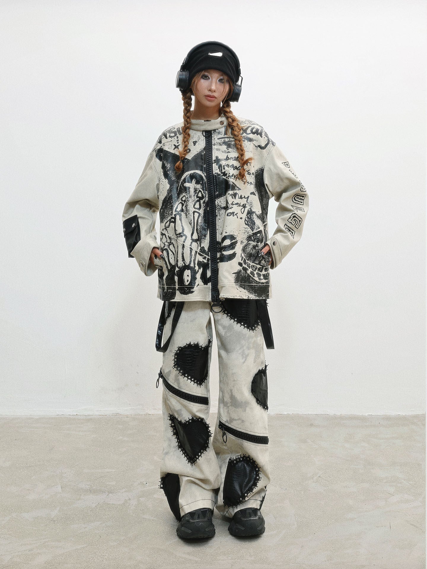 Damage Print Thick PU Leather Jacket