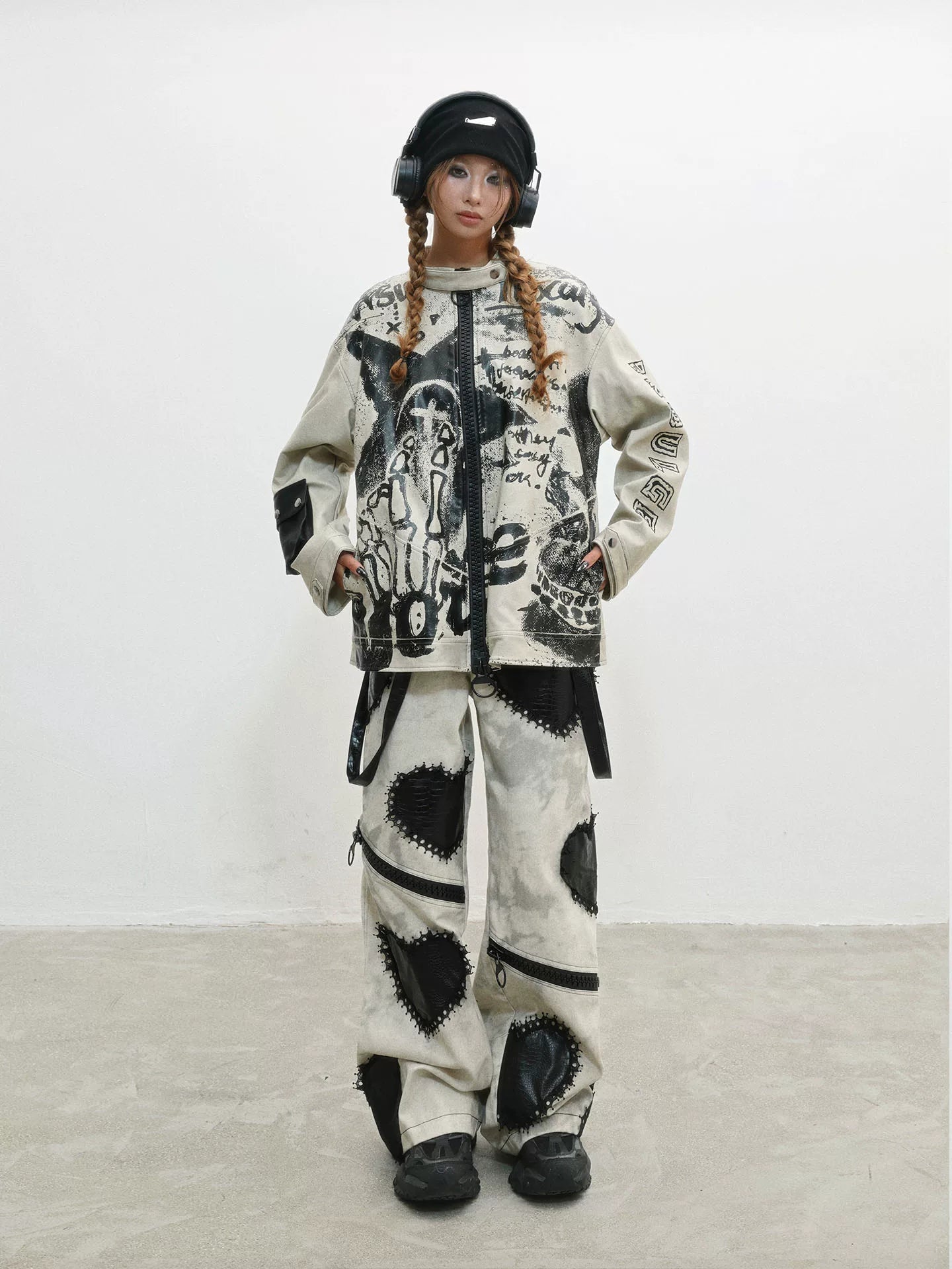 Damage Print Thick PU Leather Jacket