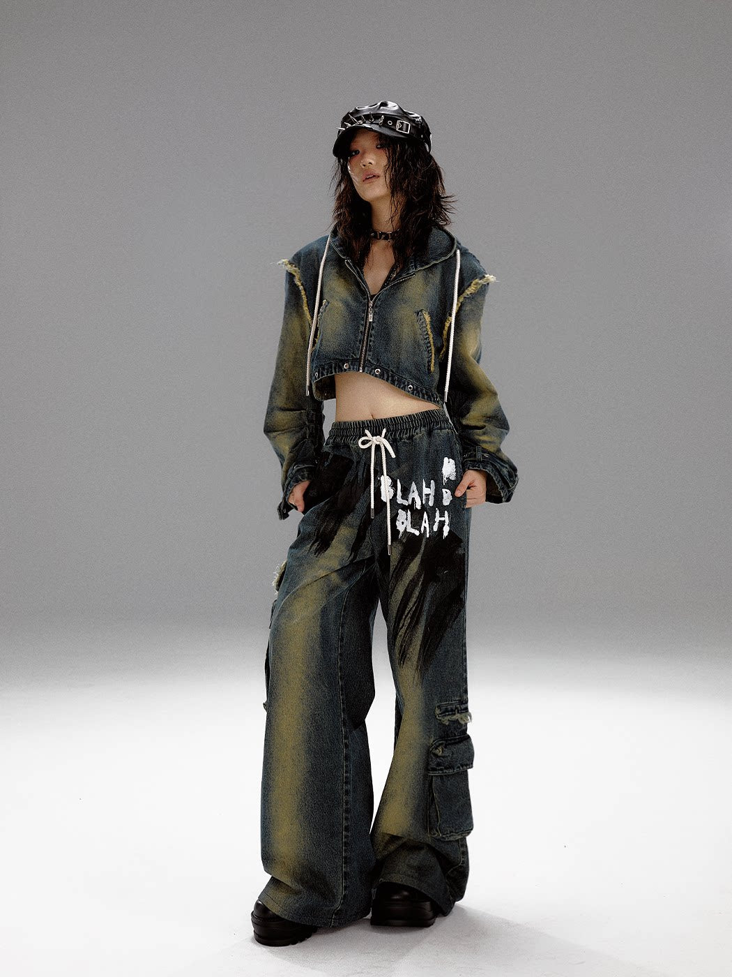 Washed Graffiti Wide-Leg Straight Dnim Jeans