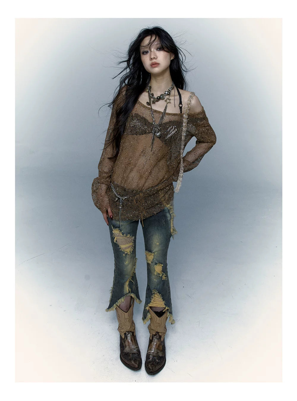 Damage Asymmetric Flare Denim Jeans