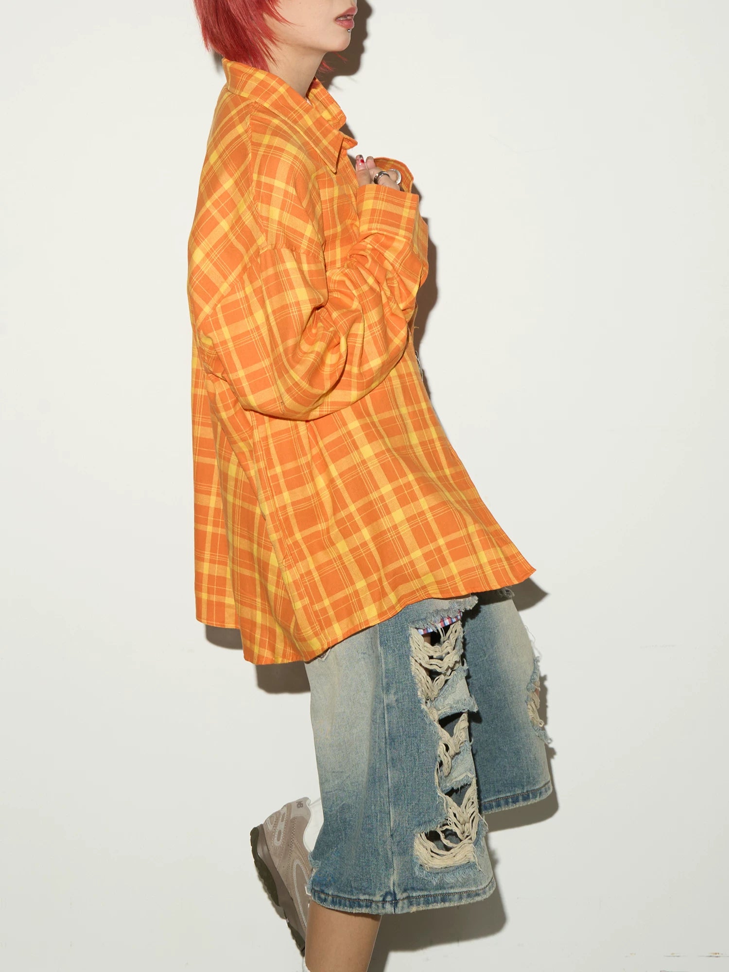 Plaid Embroidery Print Oversize Long Sleeve Shirt