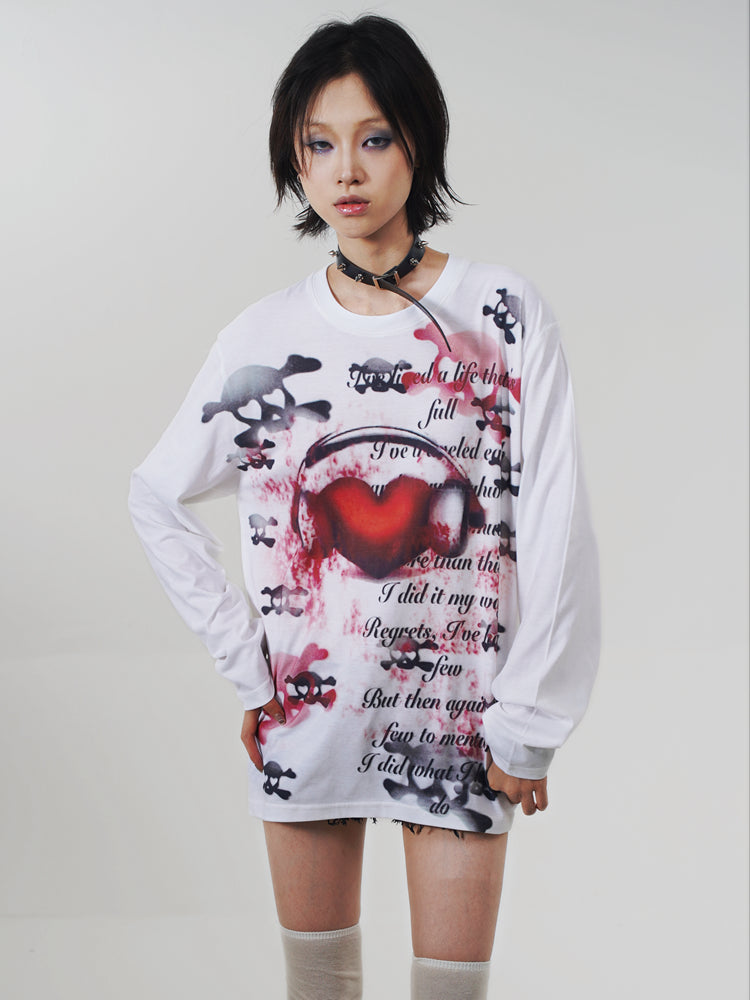 Heart Skull Print Long Sleeve T-Shirt