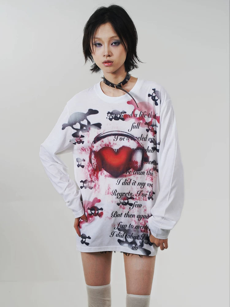 Heart Skull Print Long Sleeve T-Shirt