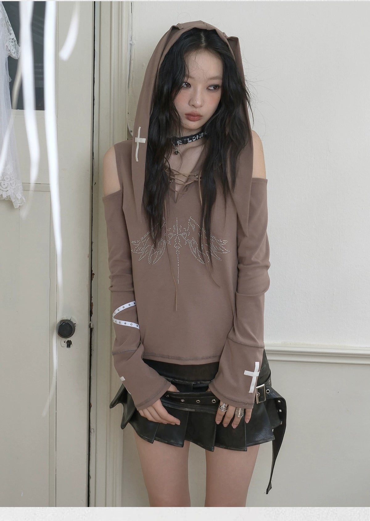 Washed Pleated PU Leather Short Skirt