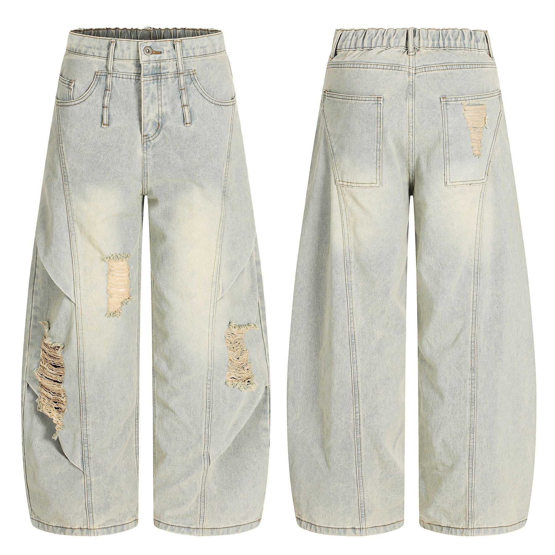 Washed Damage Curved Wide Leg Denim Jeans