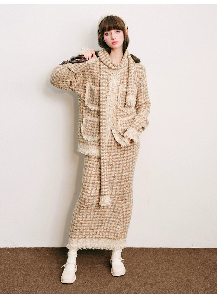Plaid Button Cardigan & Scarf & Long Skirt Setup