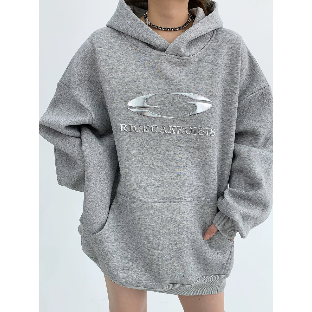 Silver Logo Print Oversized Hoodie