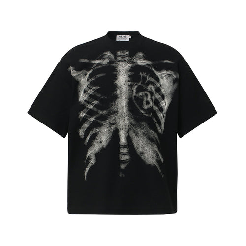 T-Shirt mit Skelett-Print und Waffelstruktur (kurzärmelig) - Schwarz / M