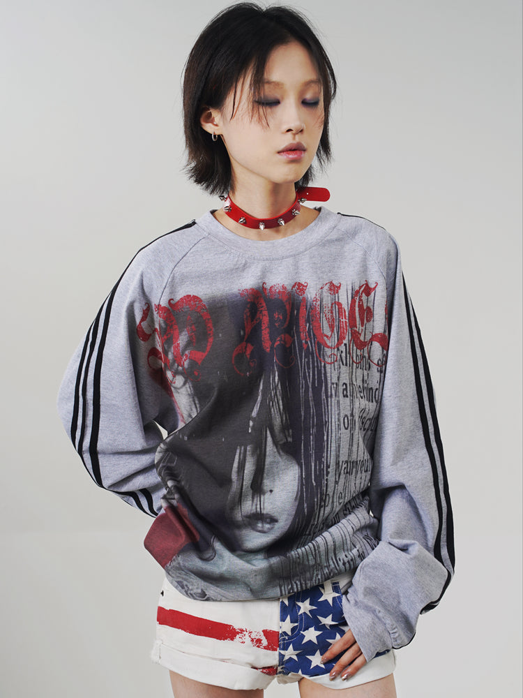 Punk Girl Graphic Gray Long Sleeve T-Shirt