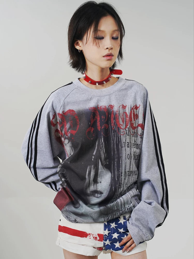 Punk Girl Graphic Gray Long Sleeve T-Shirt