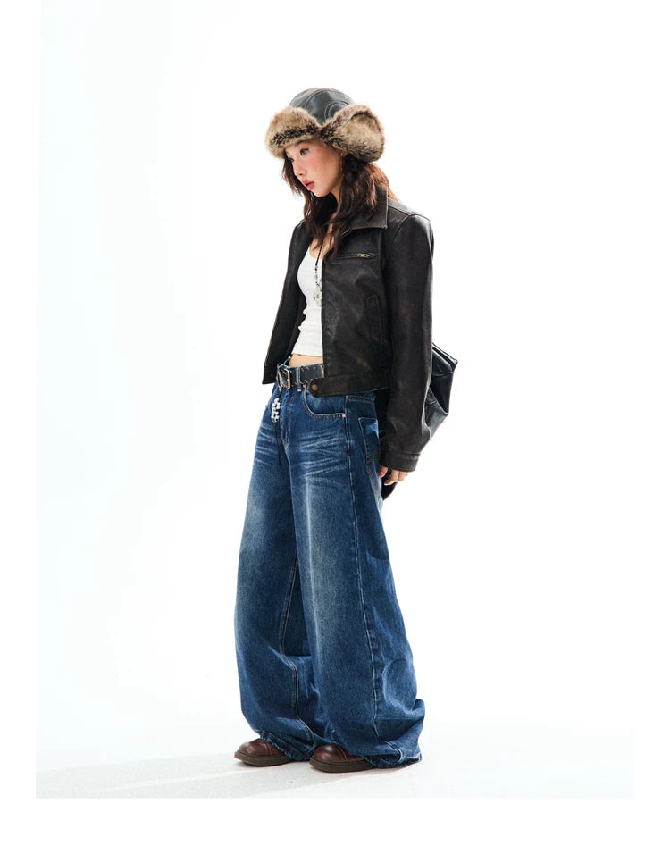 PU Leather Washed Zipper Short Length Jacket