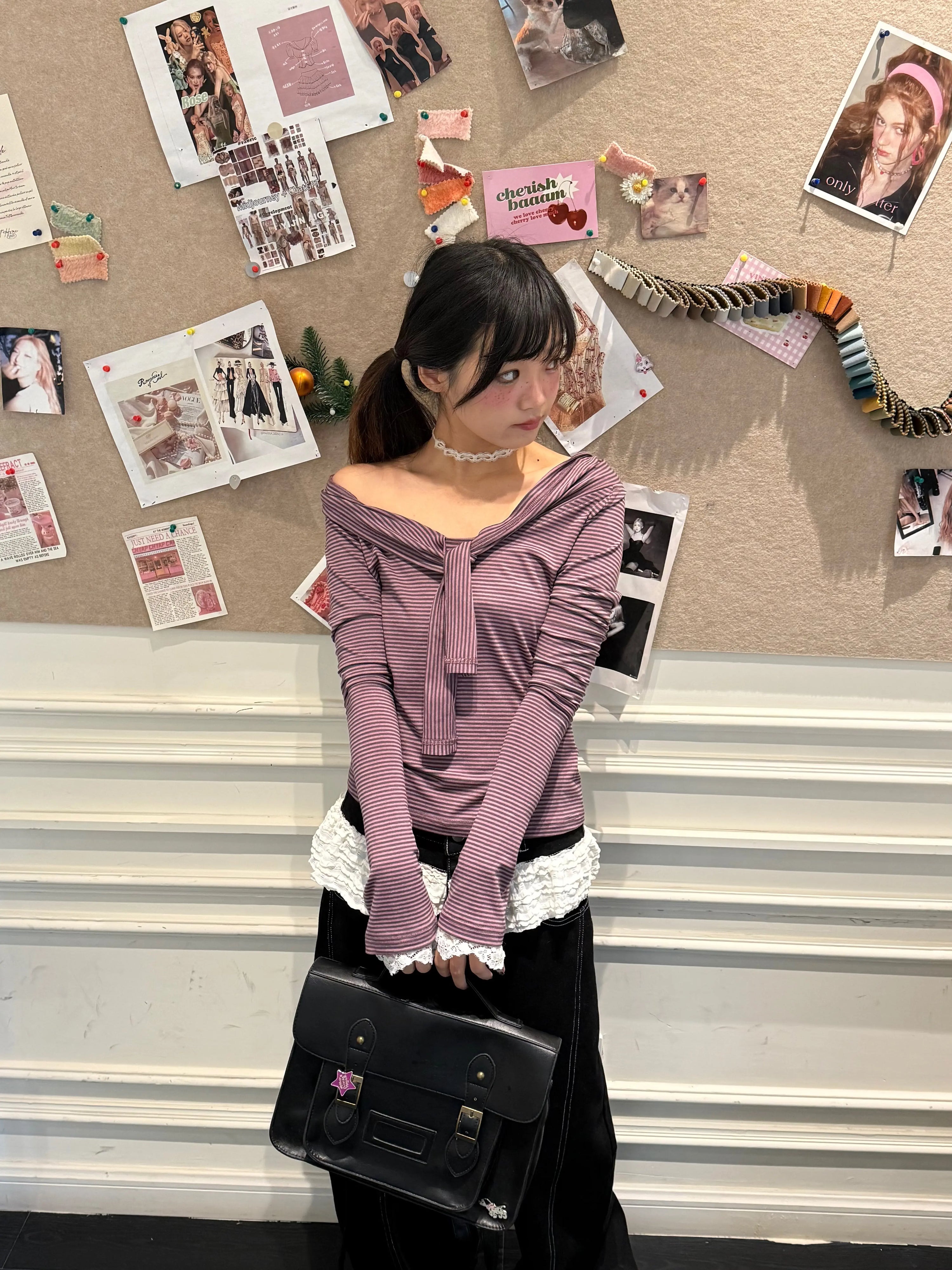 Striped Lace Trim Tie Detail Long Sleeve T-Shirt