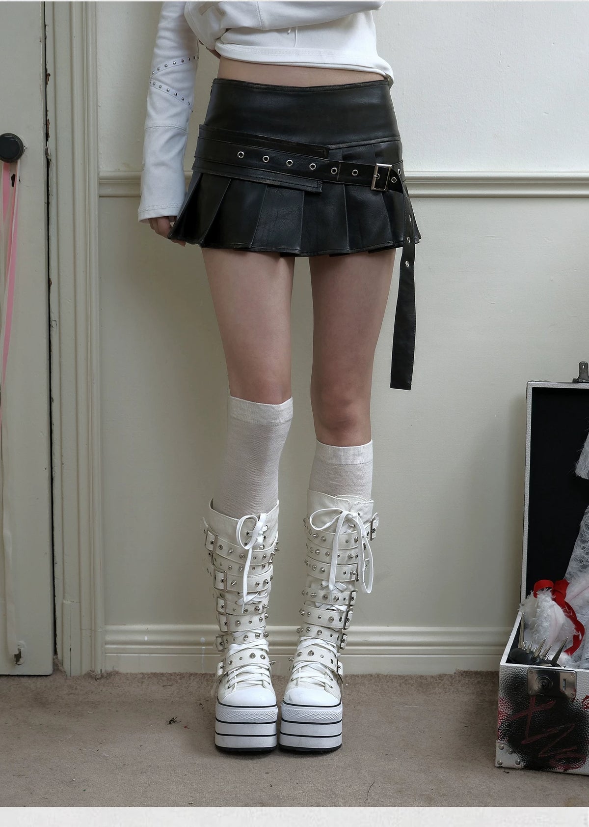 Washed Pleated PU Leather Short Skirt