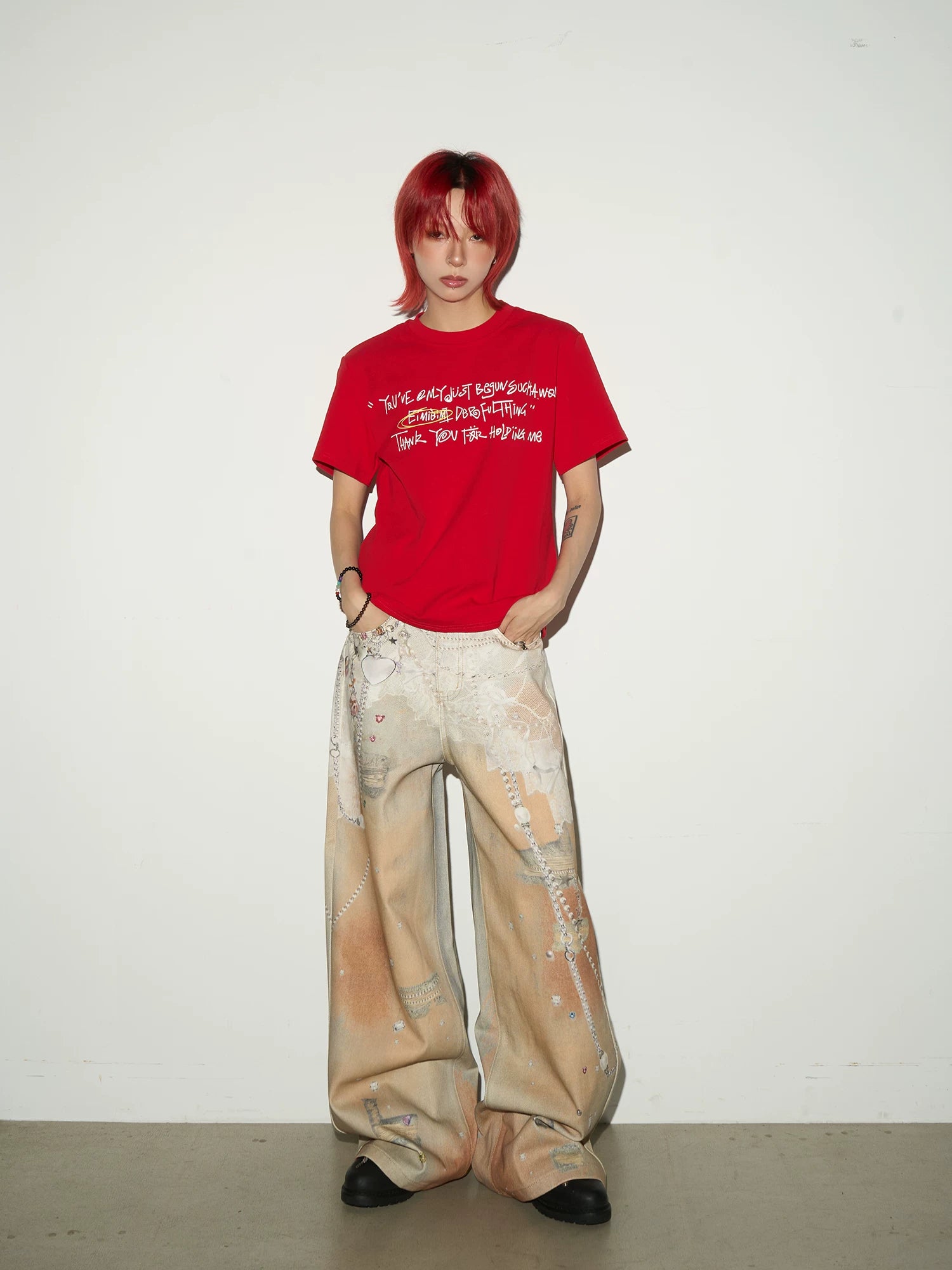 Digital Hand-Drawn Print Wide Leg Denim Jeans