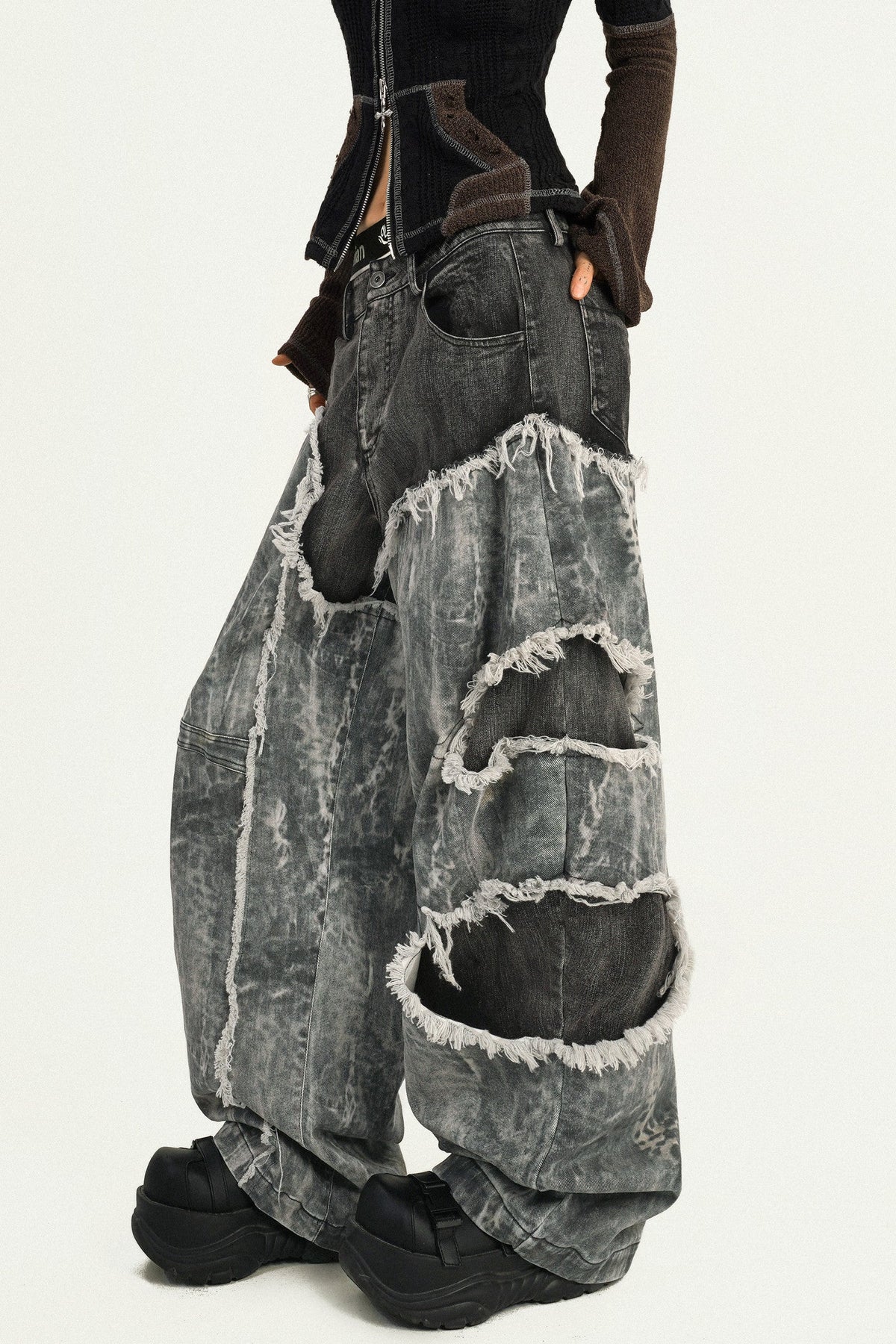 Fake Layered Heavy Craft Raw Hem Wide Leg Denim Jeans