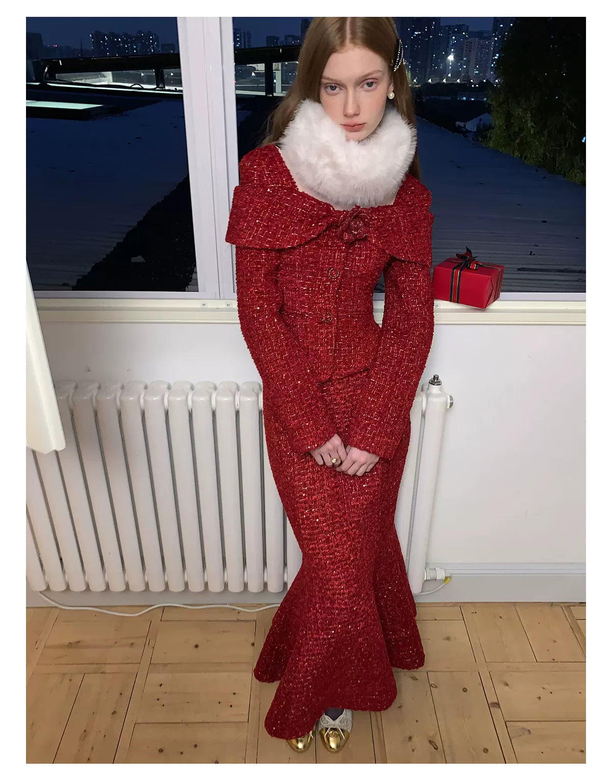 Short Tweed Jacket & Tweed Short Skirt & Tweed Fishtail Long Skirt & Fur Scarf Setup