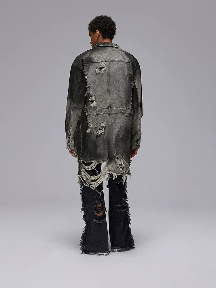 Damage Fringe Oversize Wash Long Sleeve Denim Shirt