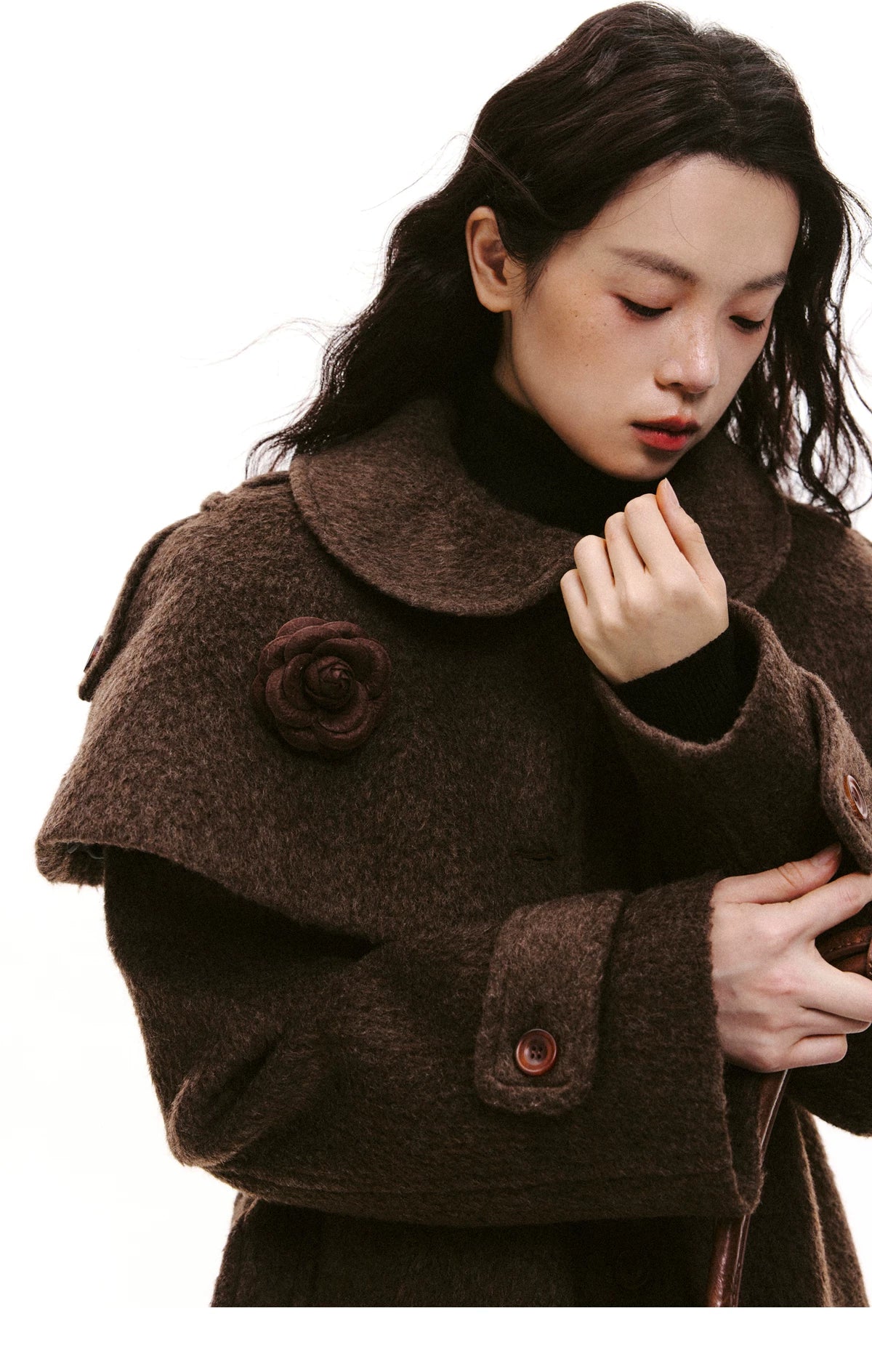 Cape Collar & Flower Detail Belted Coat