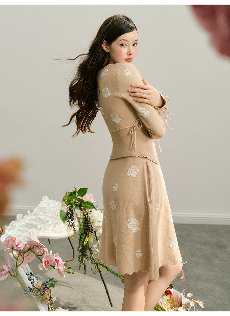 Rose Design Knit Cardigan & Knit Short Skirt Setup