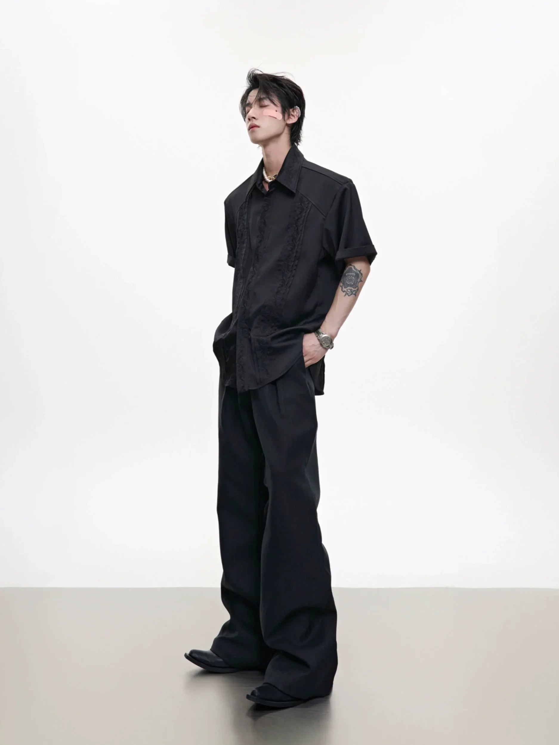Embroidery Shoulder-Pad Short Sleeve Shirt