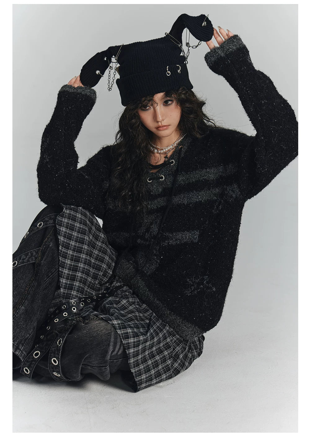 Cross Detail Drawstring Oversize V-Neck Knit Sweater