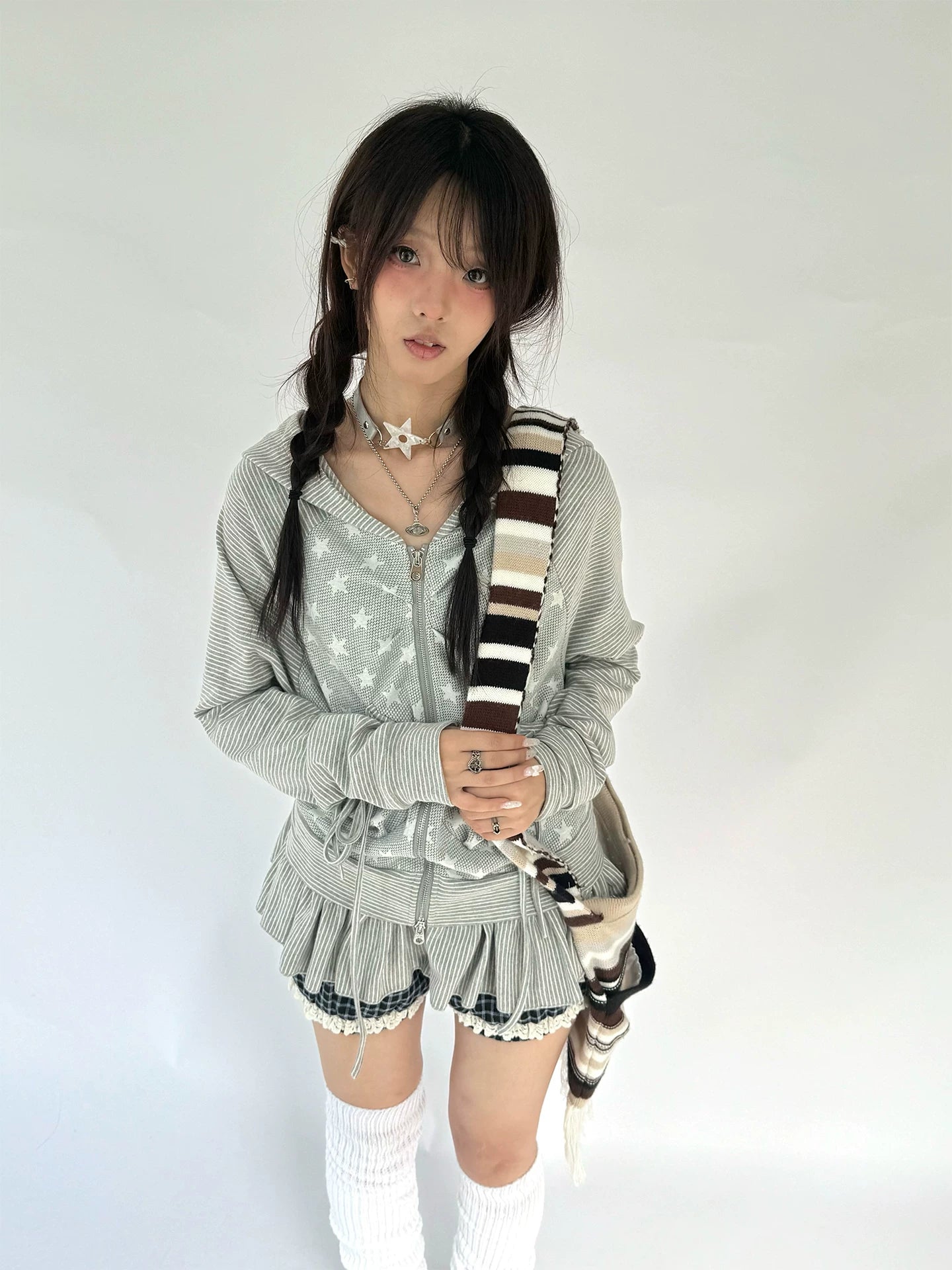 Striped Patchwork Hooded Drawstring Ruffle Jacket & Skirt Setup