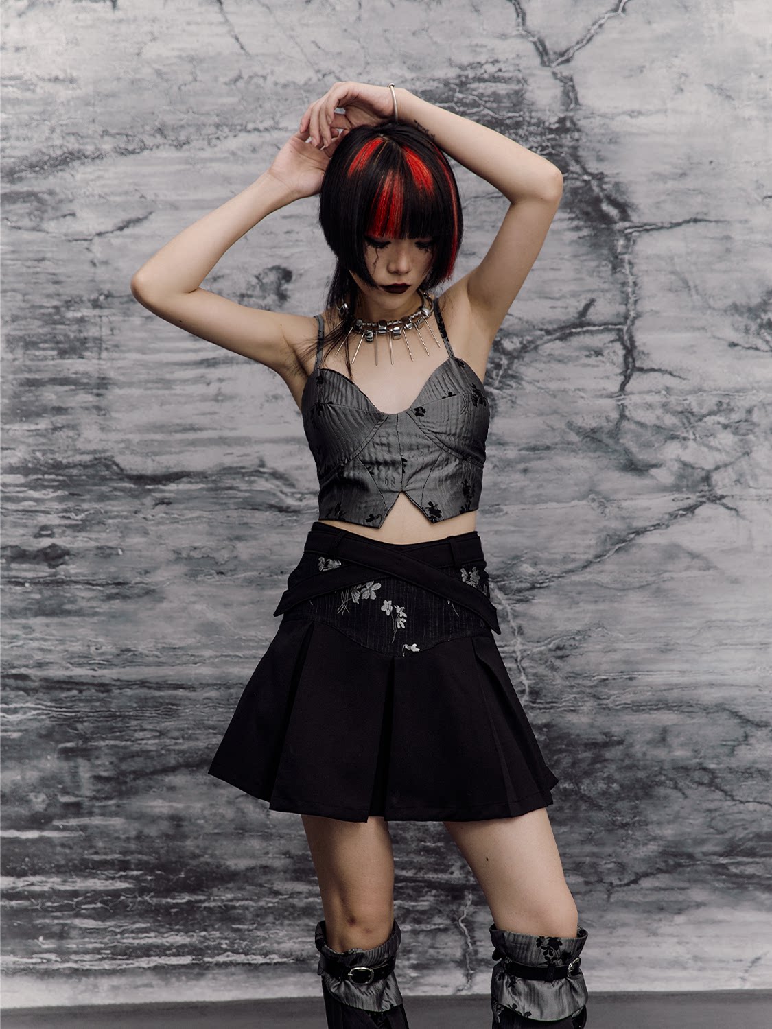 Chinese Style A-Line Jacquard Pleats Short Skirt